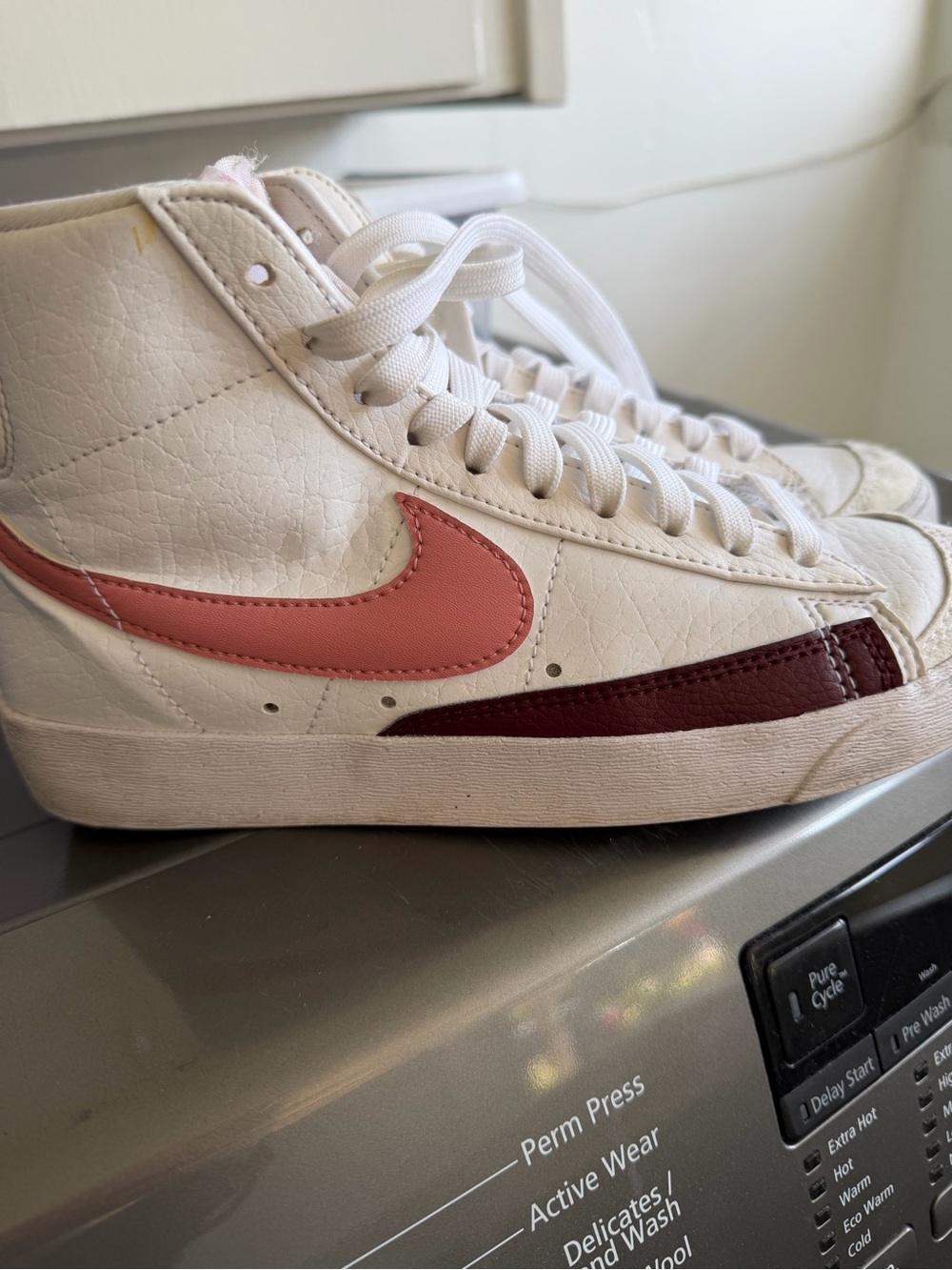 Nike Women's High-Top Leather Sneakers in White with Pink & Maroon Accents